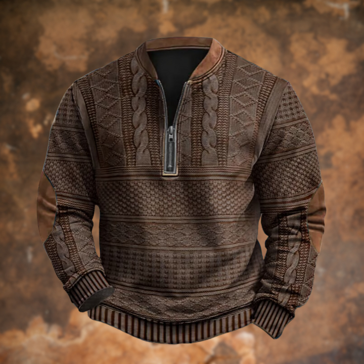 Cable-Knit Quarter-Zip Sweater with Suede Elbow Patches