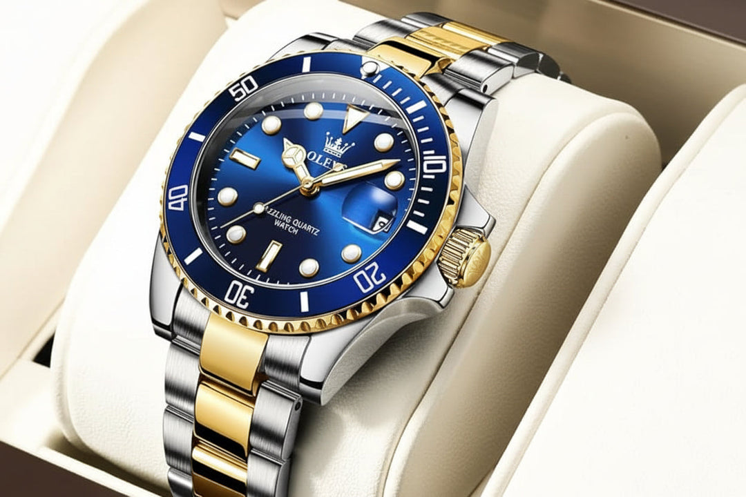 Gold Blue 40mm Steel Date Watch in presentation box