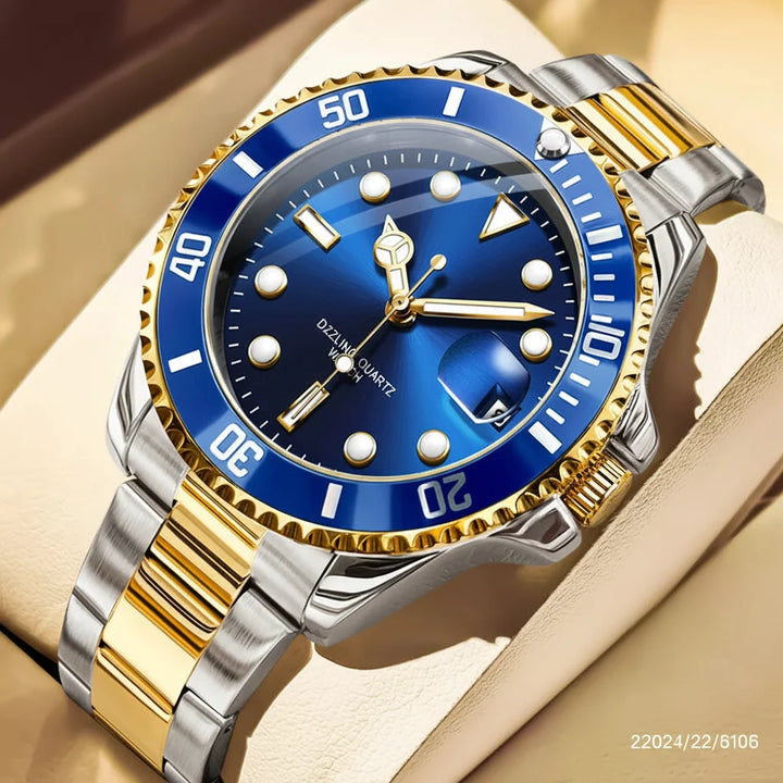 Gold Blue 40mm Steel Date Watch angled view