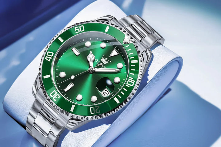 Silver Green 40mm Steel Date Watch angled view