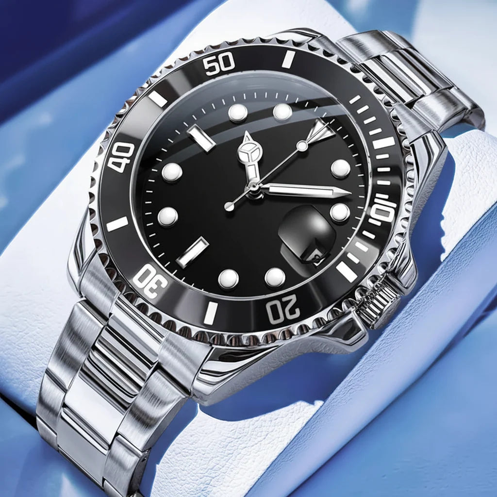 Silver Black 40mm Steel Date Watch angled view