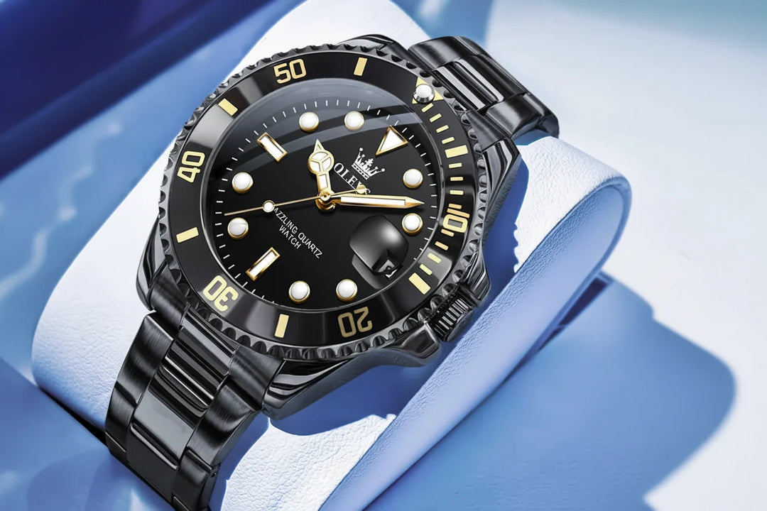 All Black 40mm Steel Date Watch angled view