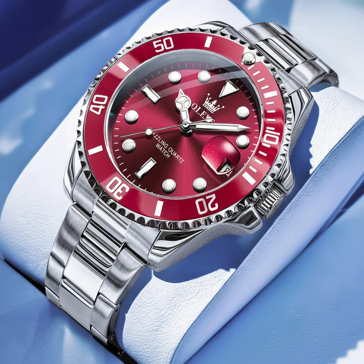 Silver Red 40mm Steel Date Watch angled view