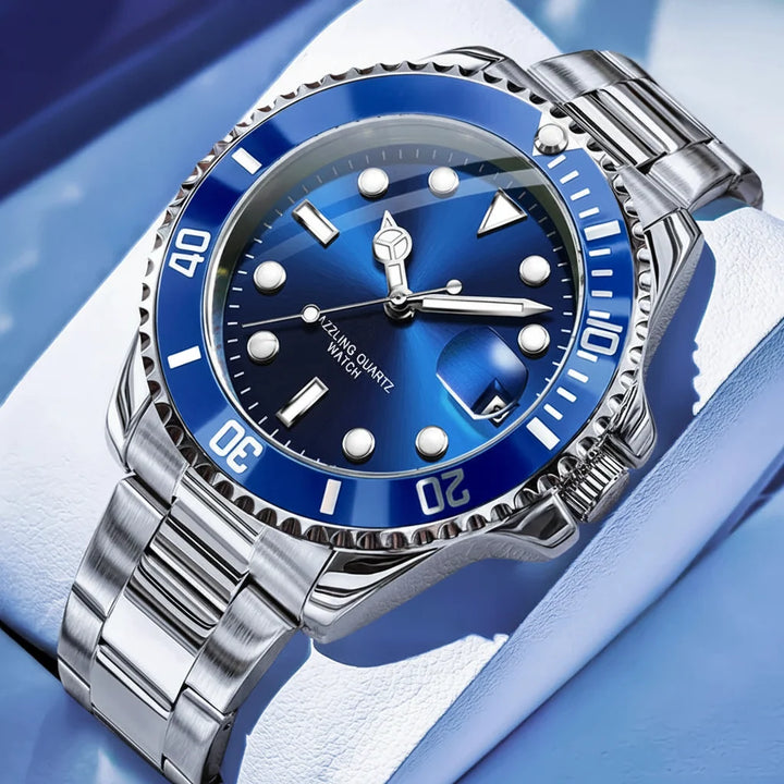 Silver Blue 40mm Steel Date Watch angled view