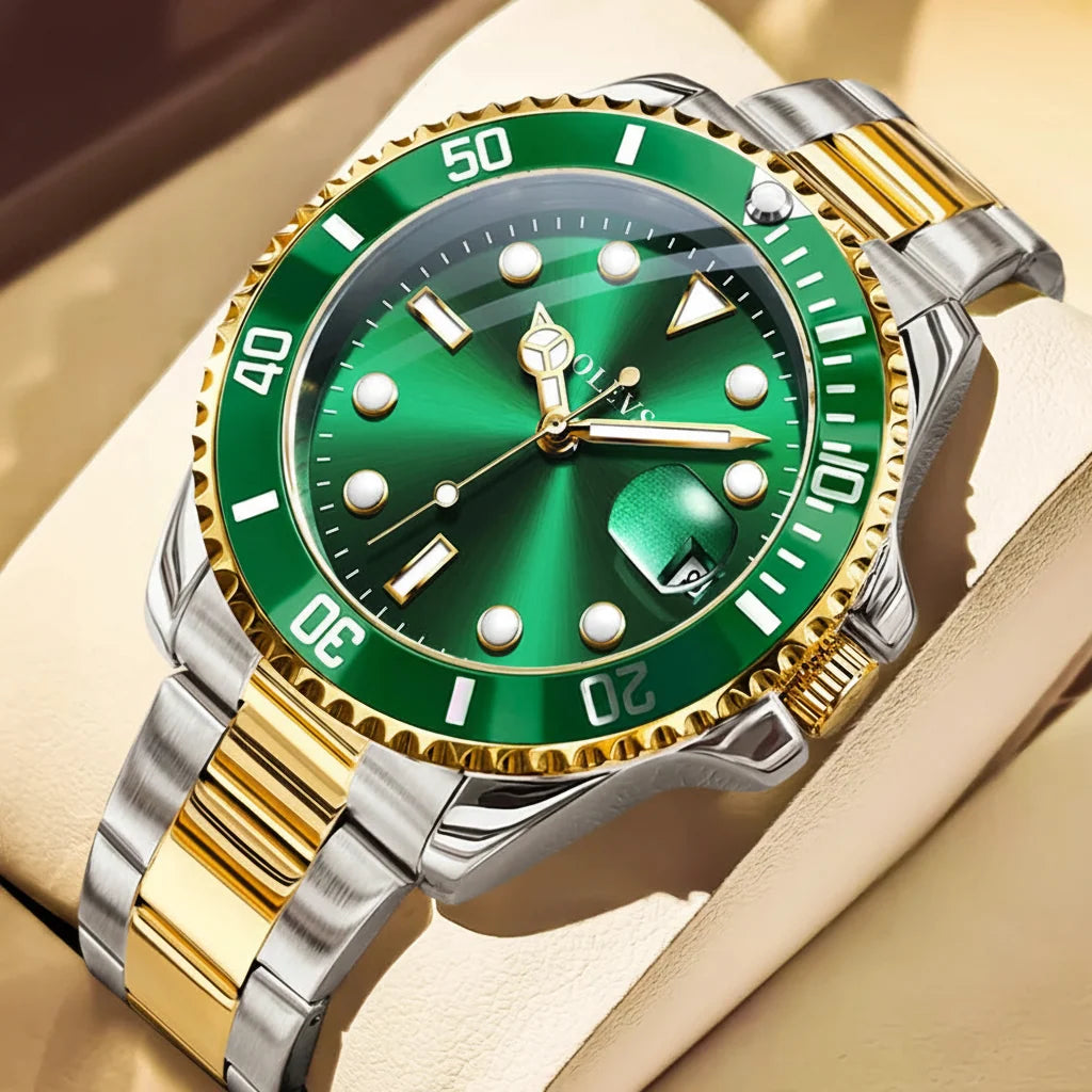 Gold Green 40mm Steel Date Watch angled view