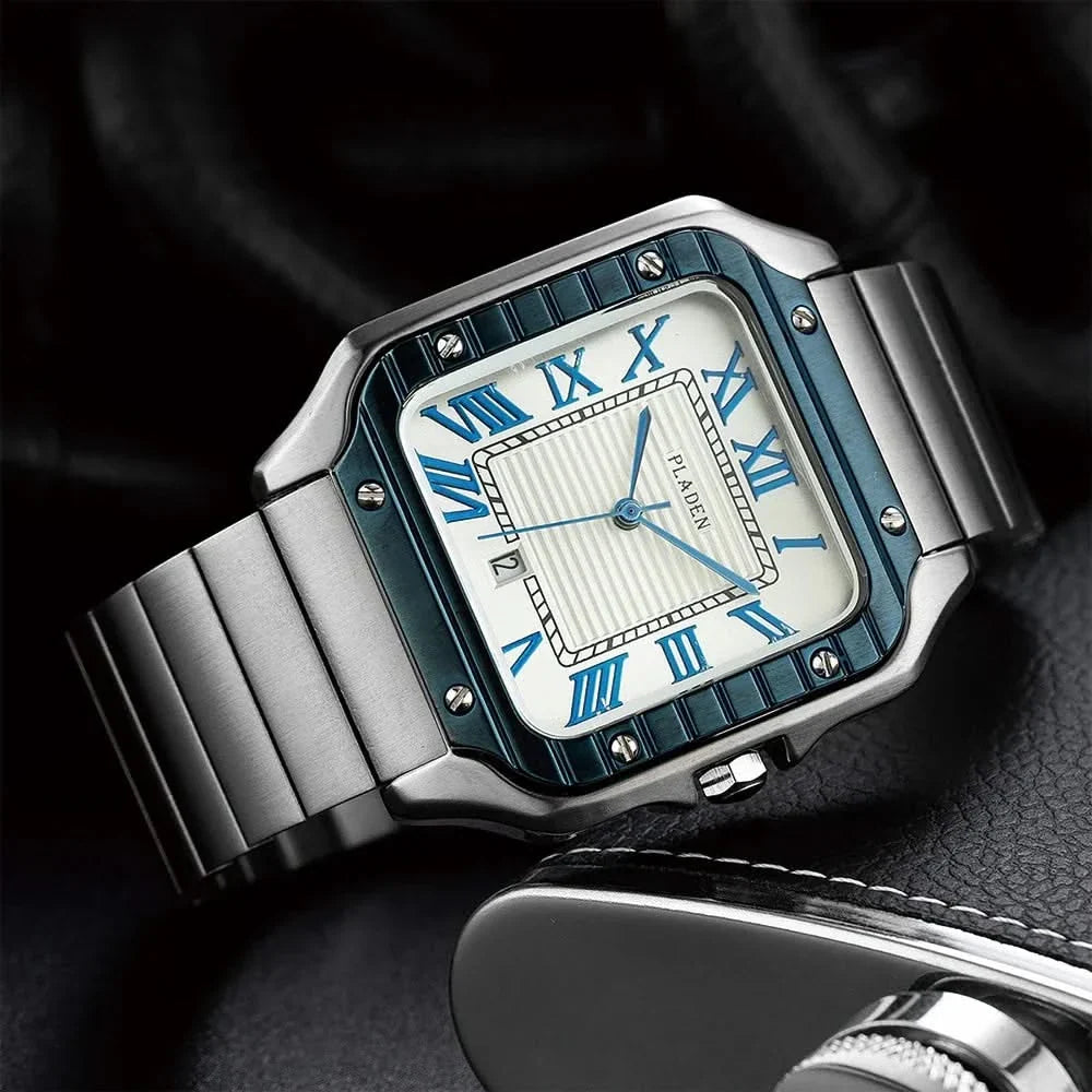 White Silver Square Stainless Steel Watch three-quarter view