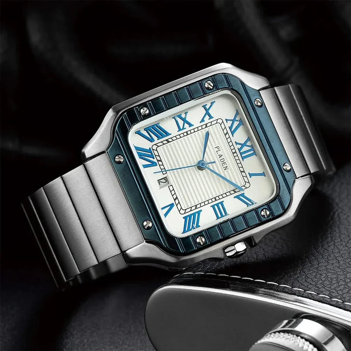 White Silver Square Stainless Steel Watch three-quarter view