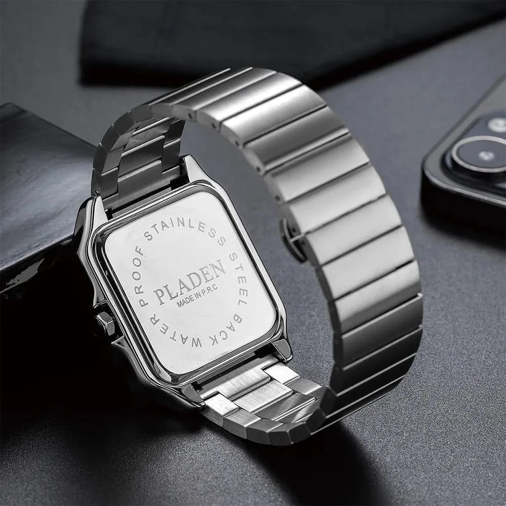 Square Stainless Steel Watch caseback and bracelet detail