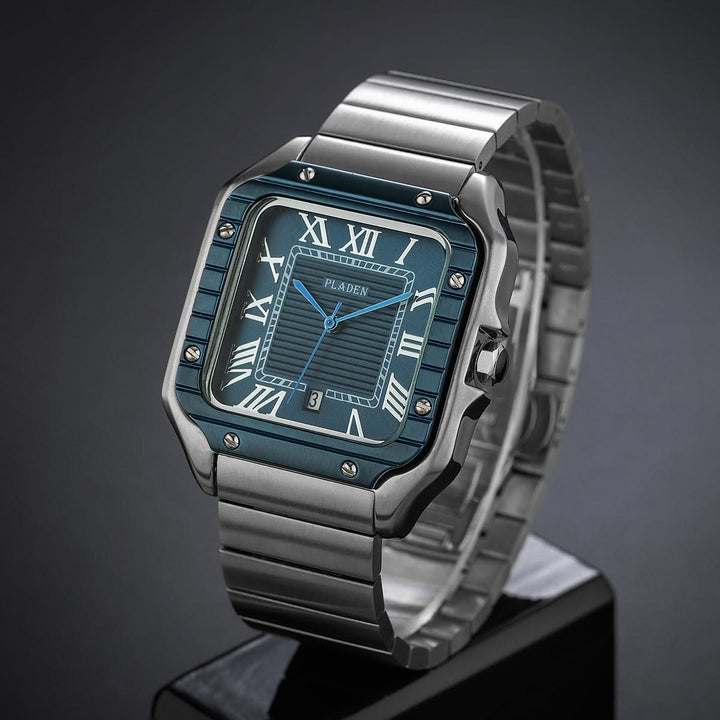 Blue Silver Square Stainless Steel Watch front angle