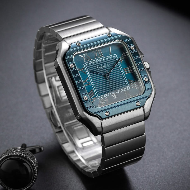 Blue Silver Square Stainless Steel Watch three-quarter view