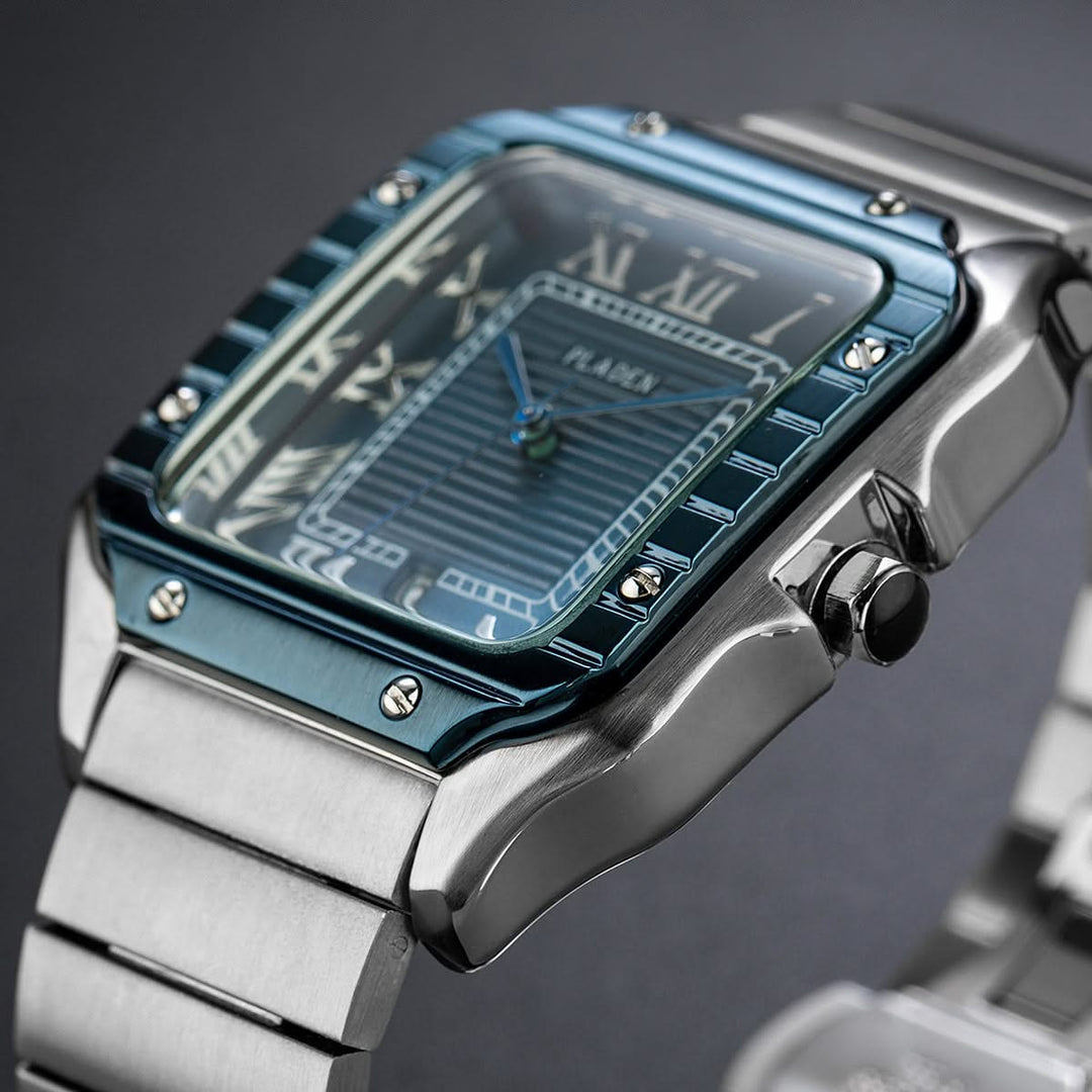 Blue Silver Square Stainless Steel Watch dial detail