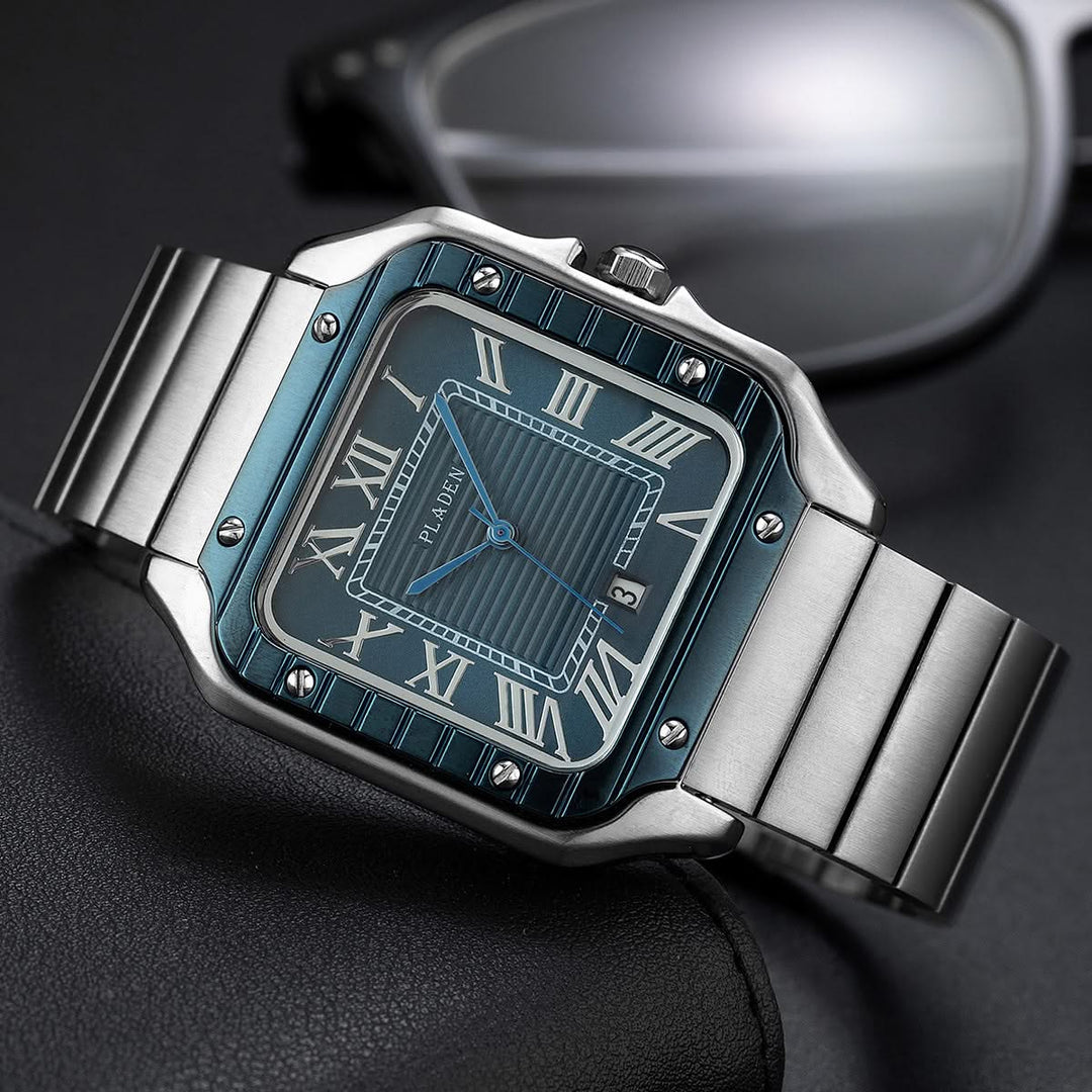 Blue Silver Square Stainless Steel Watch side view