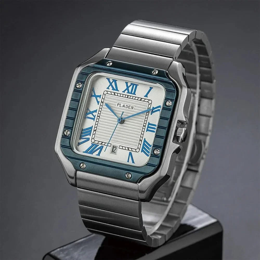 White Silver Square Stainless Steel Watch front angle