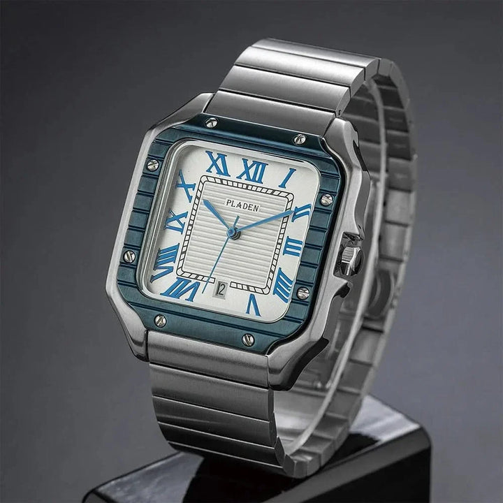 White Silver Square Stainless Steel Watch front angle