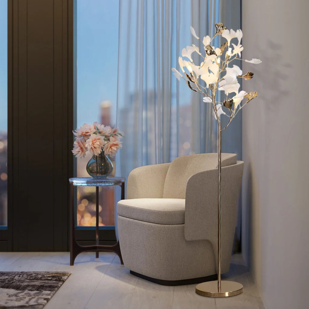 French Gold Ginkgo Leaf Floor Lamp lifestyle by armchair