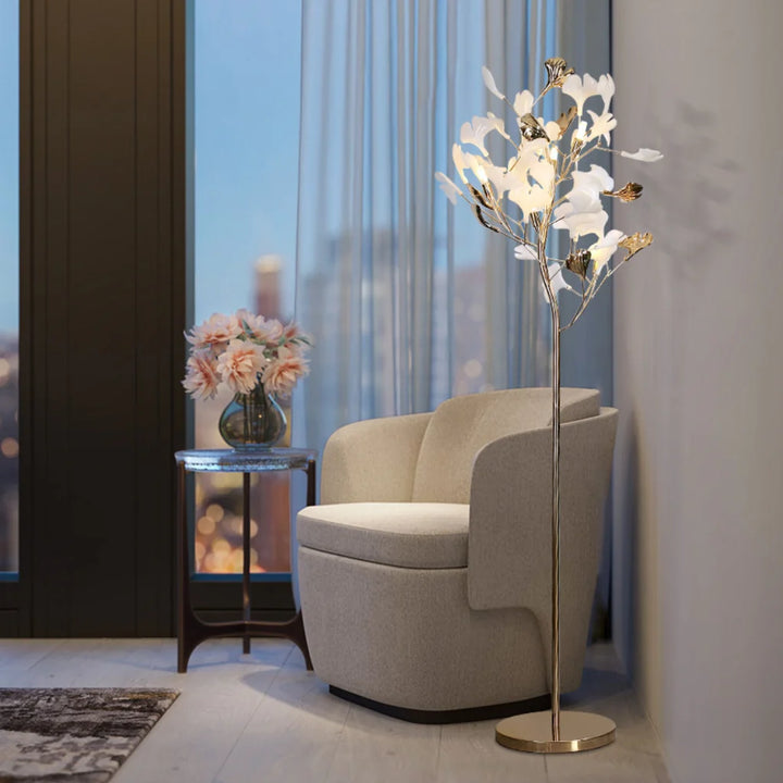 French Gold Ginkgo Leaf Floor Lamp lifestyle by armchair