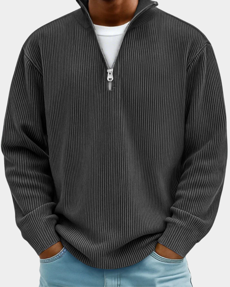 Black Ribbed Half-Zip Knit Sweater front detail