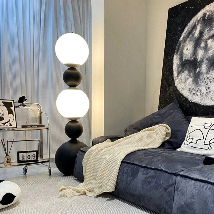 Black Metal 3-Globe Floor Lamp glowing three-color light