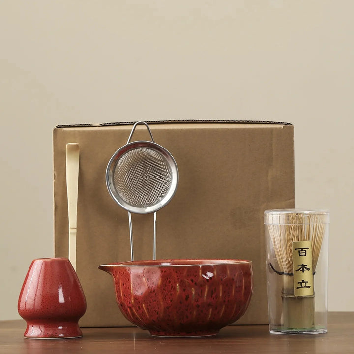Dark Red 5-Piece Ceramic Matcha Whisk Set full set view