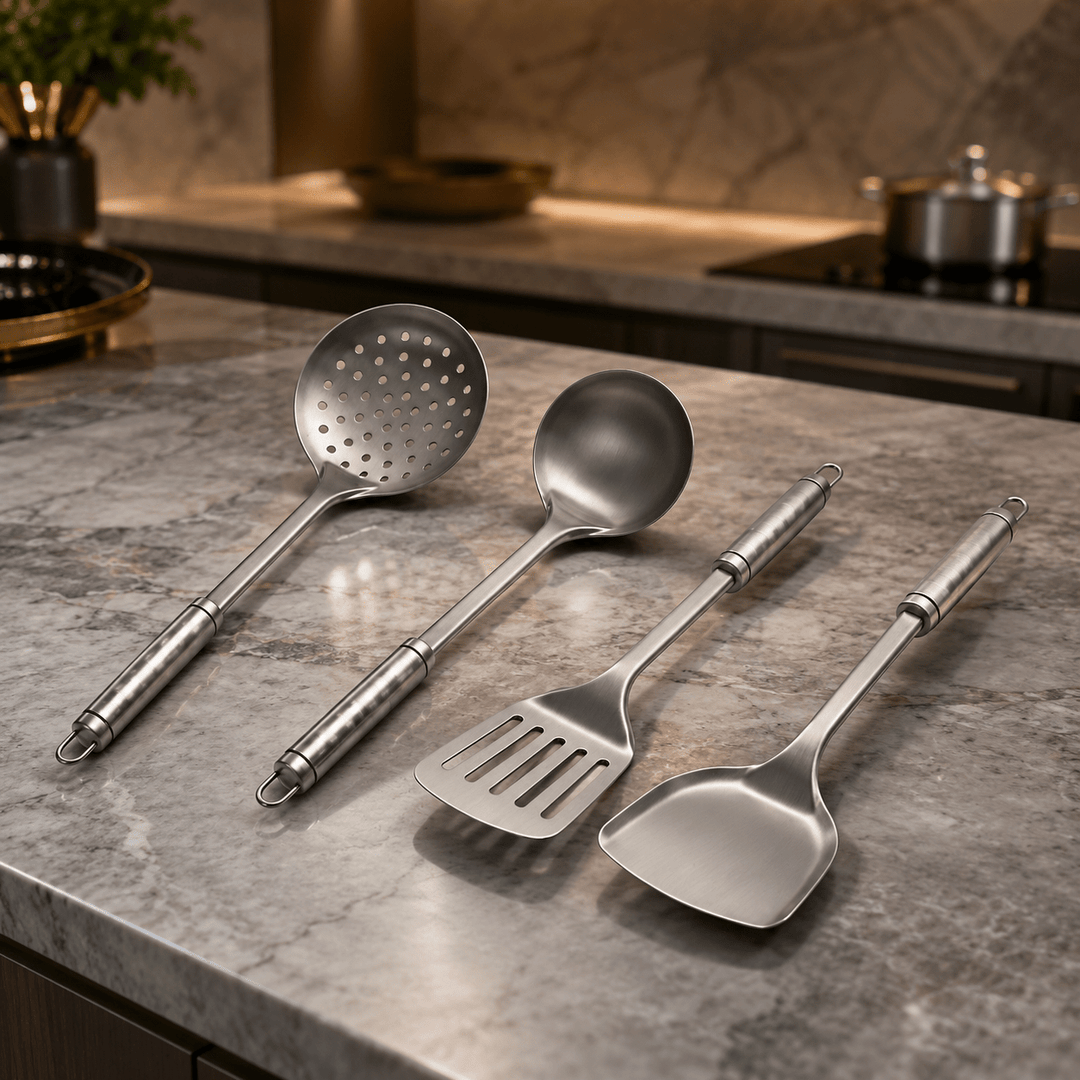 Gold Titanium Utensil Set on marble countertop