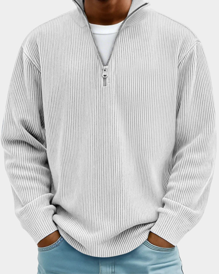 White Ribbed Half-Zip Knit Sweater front detail