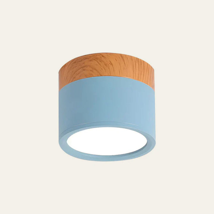 Modern Cylindrical LED Ceiling Light with Wood Accent - Dimmable Flush Mount Fixture