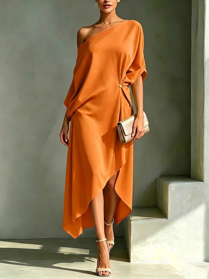Orange Lightweight Draped Dress front view