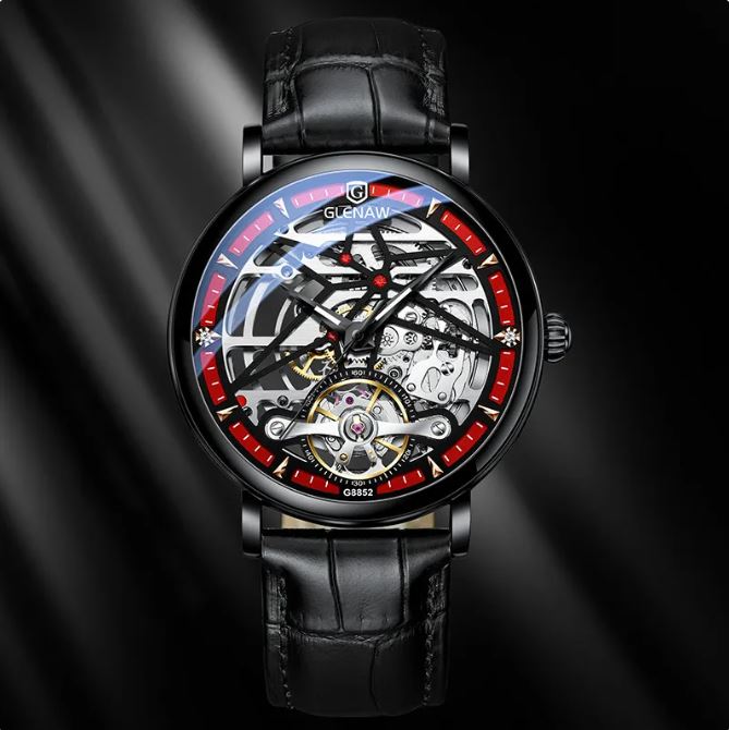 Red Stainless Steel Skeleton Watch front view