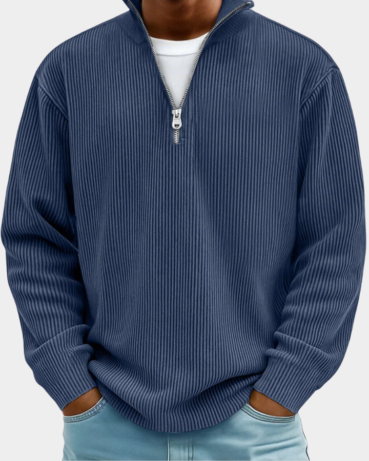 Navy Blue Ribbed Half-Zip Knit Sweater front detail