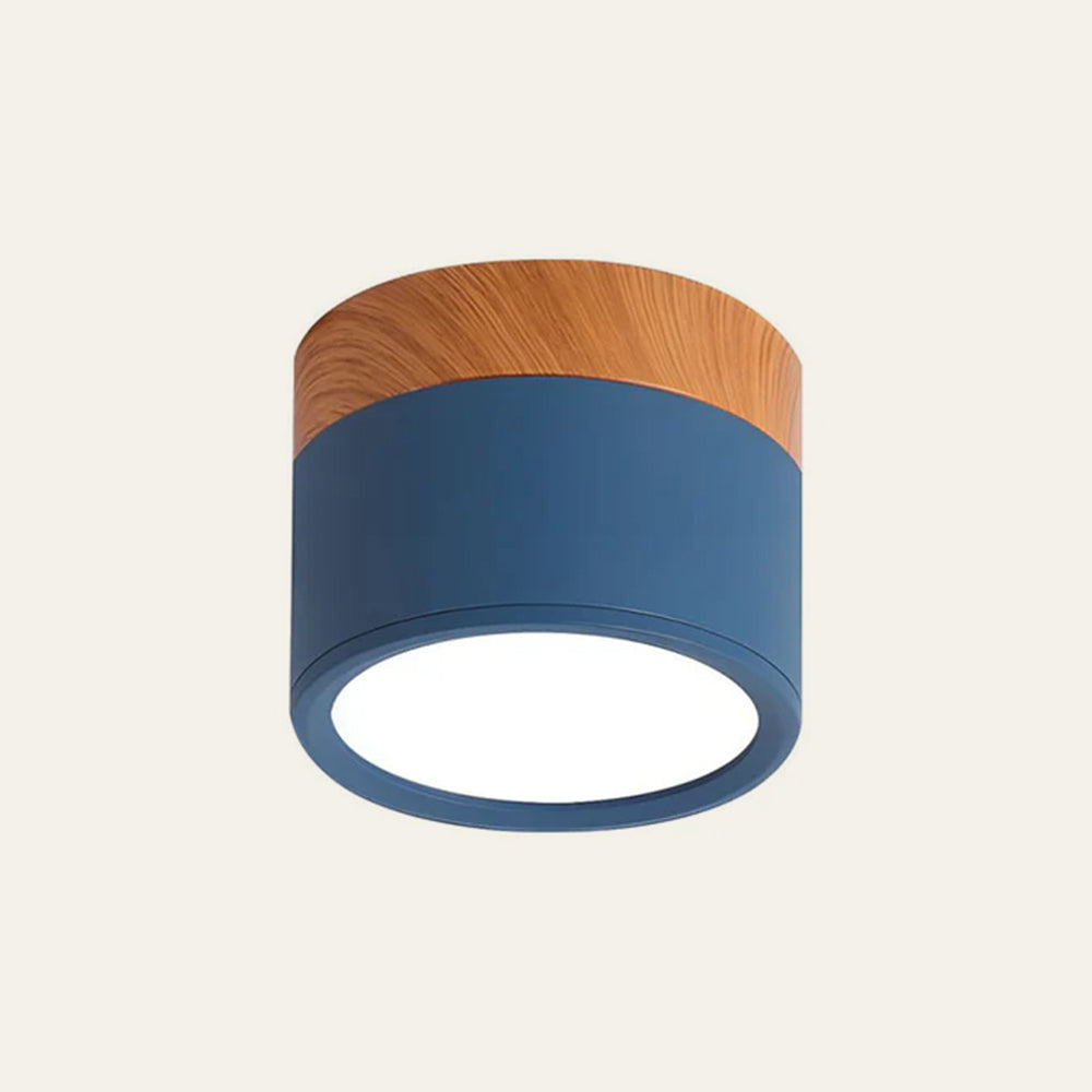 Modern Cylindrical LED Ceiling Light with Wood Accent - Dimmable Flush Mount Fixture