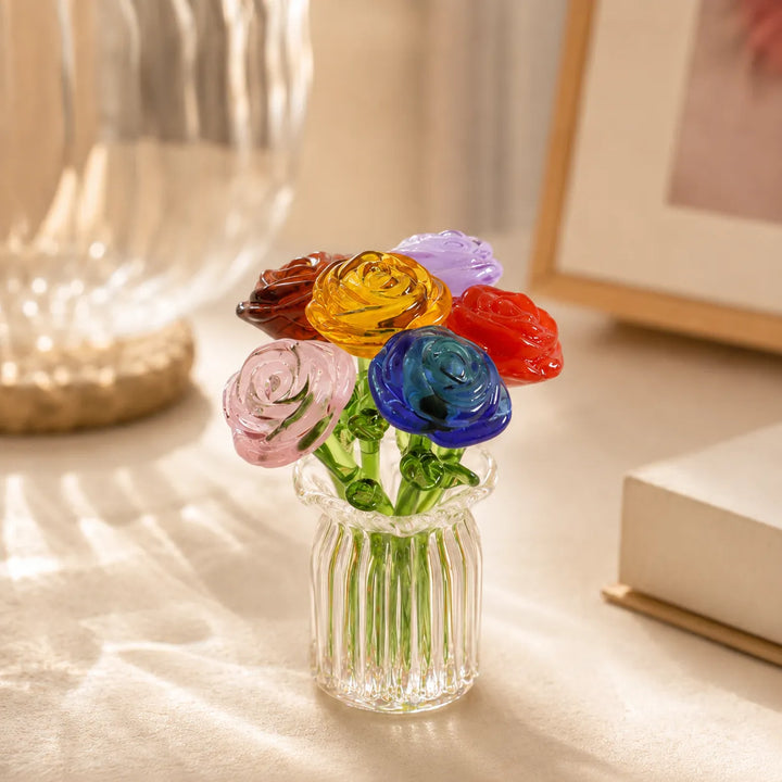 Rose Hand-Blown Glass Flower Set with vase