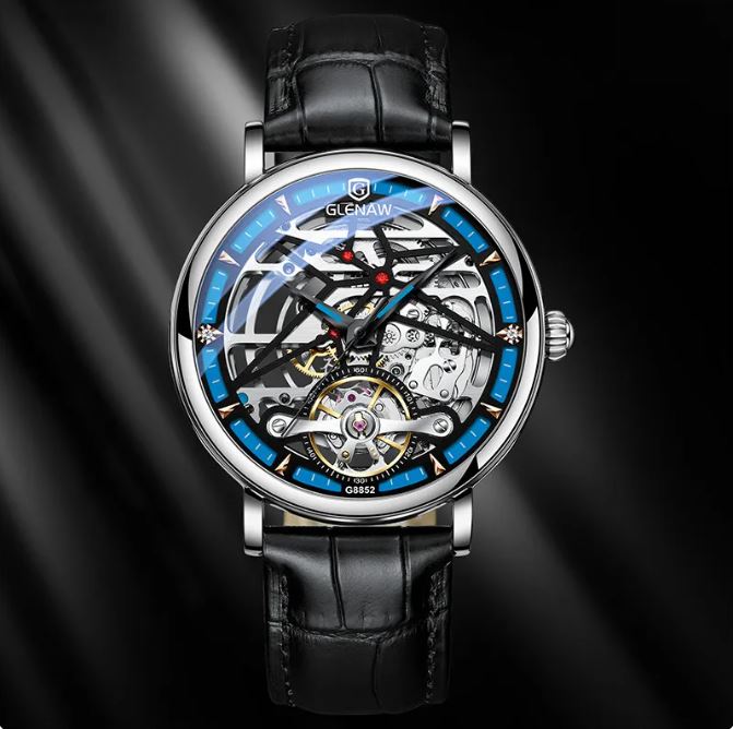 Sky Blue Stainless Steel Skeleton Watch front view