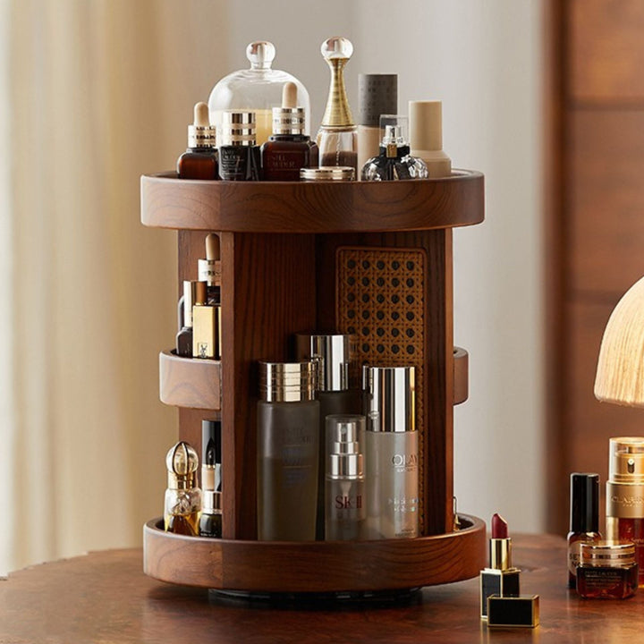 Rotating Wood Vanity Organizer lifestyle on vanity table