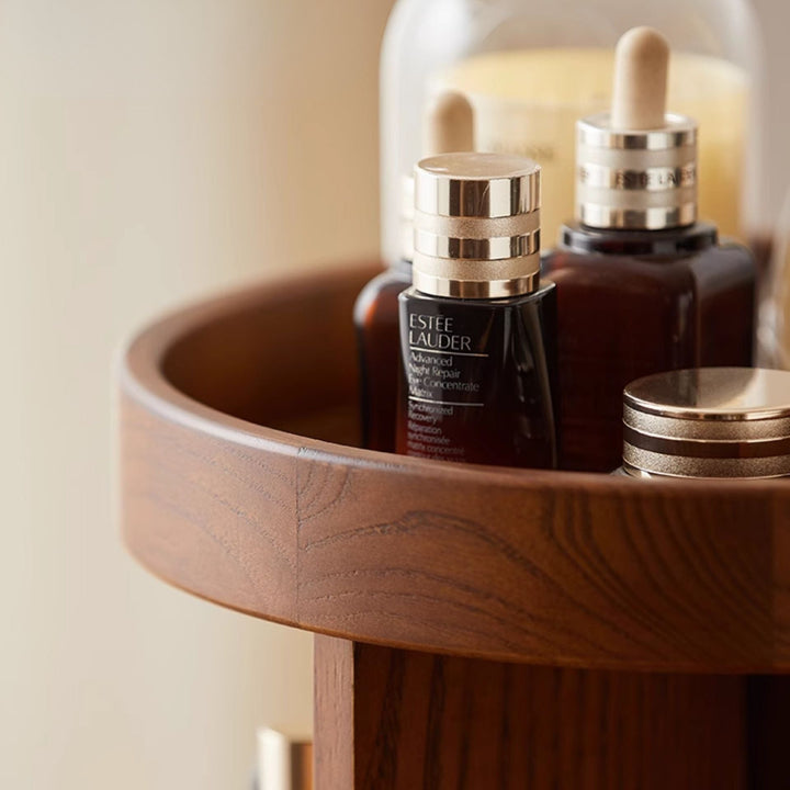 Rotating Wood Vanity Organizer rattan panel detail