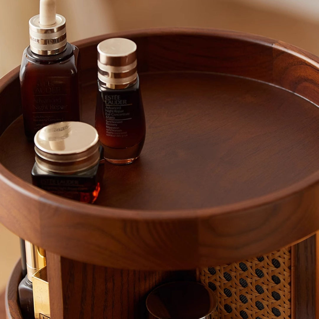 Rotating Wood Vanity Organizer shelf tiers detail