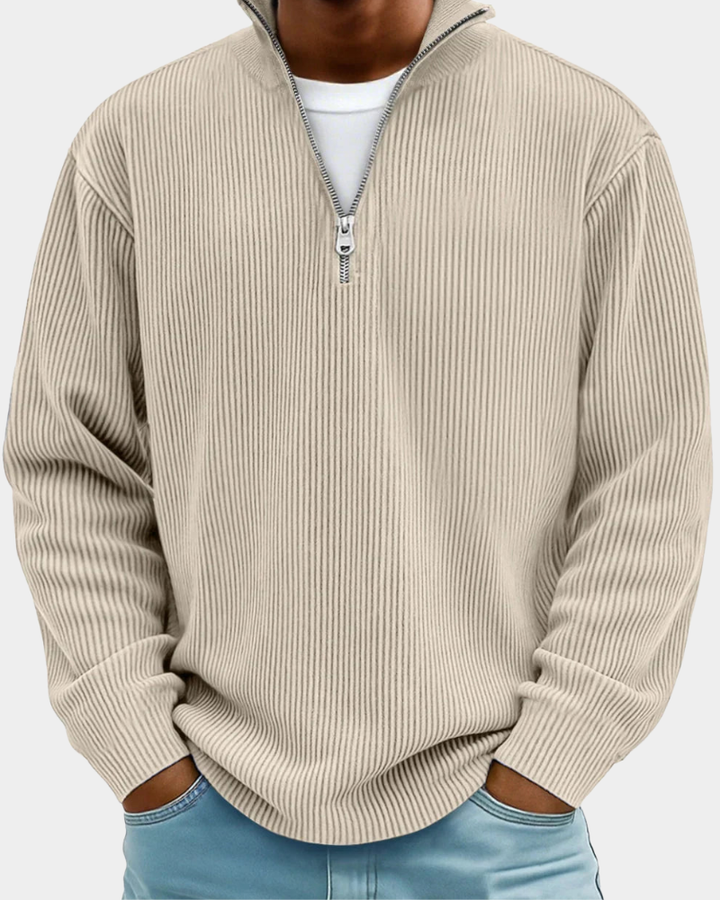Khaki Ribbed Half-Zip Knit Sweater front detail