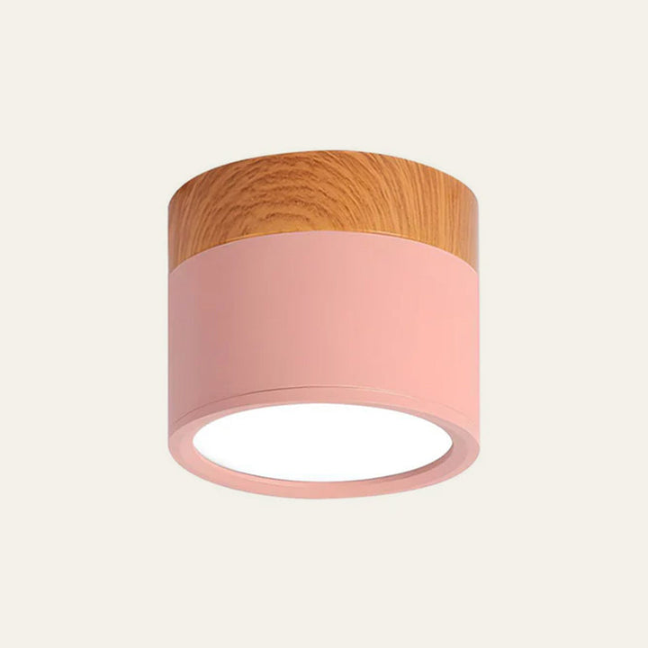 Modern Cylindrical LED Ceiling Light with Wood Accent - Dimmable Flush Mount Fixture