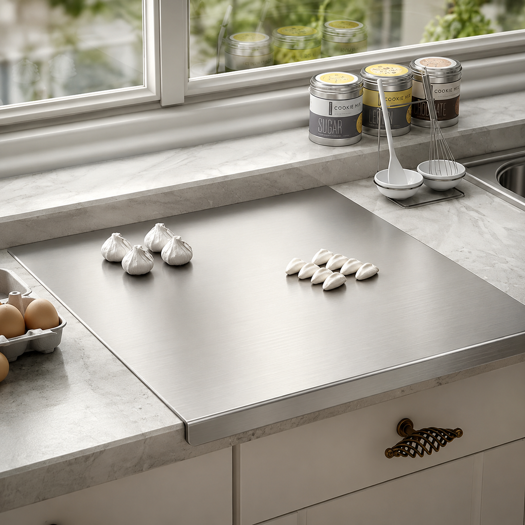 Double-Sided Steel Cutting Board with dough on kitchen counter