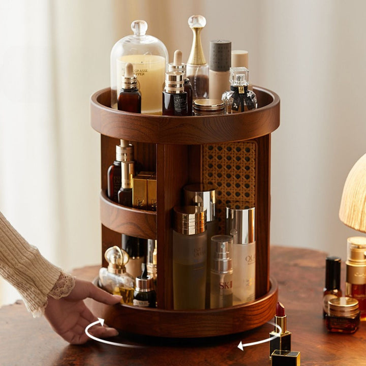 Rotating Wood Vanity Organizer top view with makeup