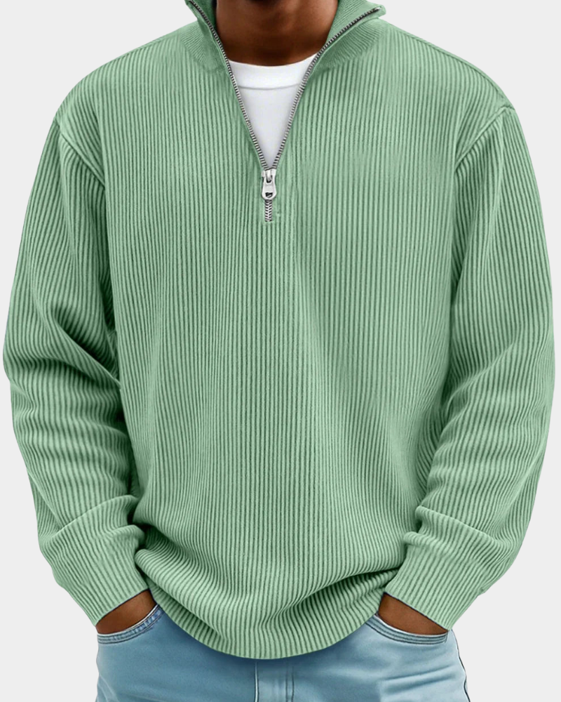Green Ribbed Half-Zip Knit Sweater front detail