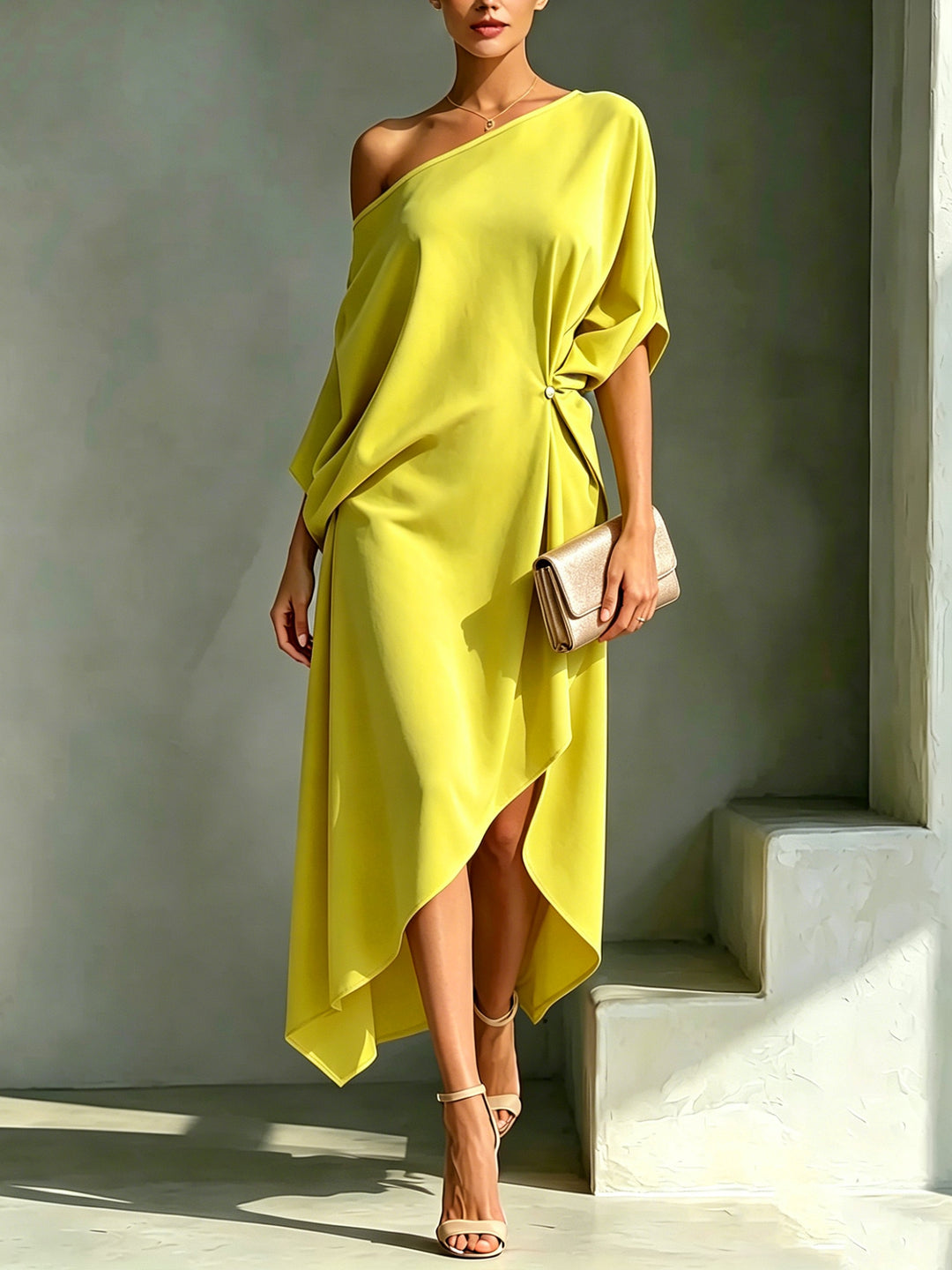 Lemon Lightweight Draped Dress front view