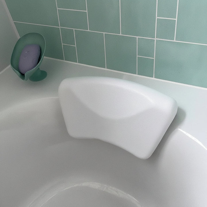 Cloud White Contoured Silicone Bath Pillow corner mount lifestyle