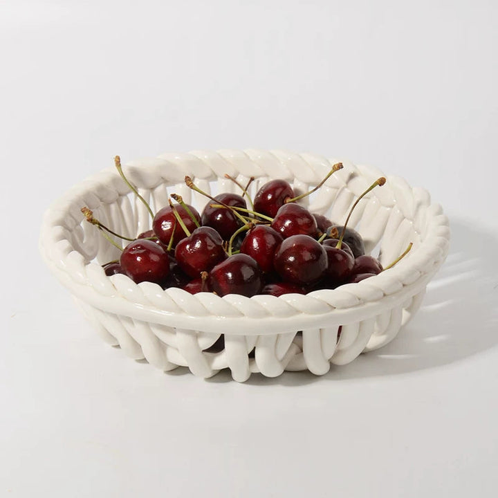 Artisan White Ceramic Basket with Handle 0
