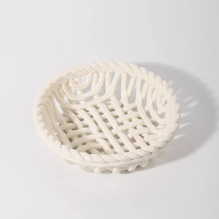 Artisan White Ceramic Basket with Handle 1