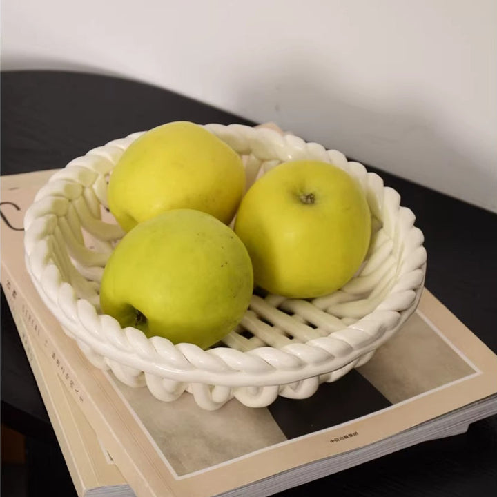 Artisan White Ceramic Basket with Handle 2