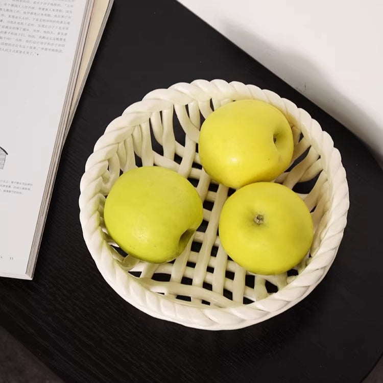 Artisan White Ceramic Basket with Handle 3