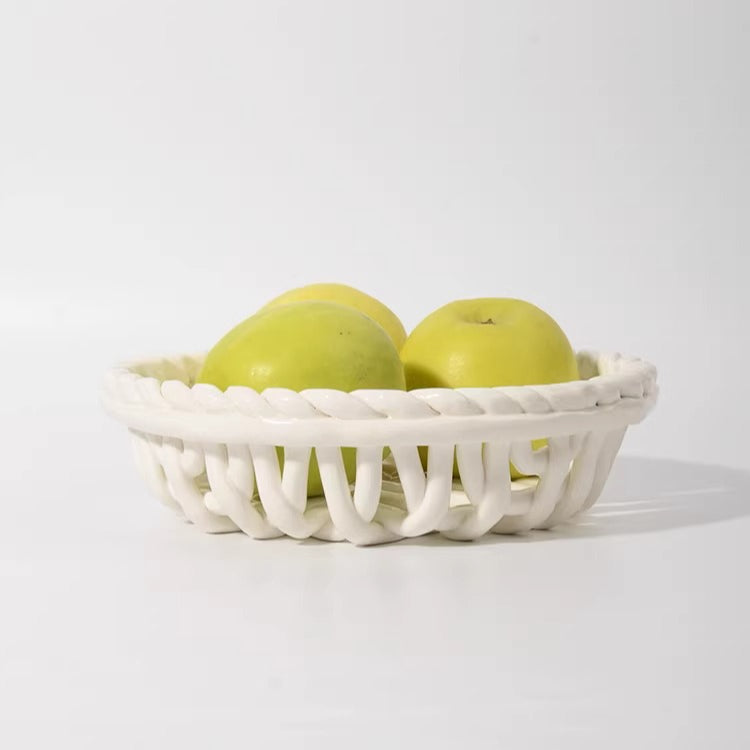 Artisan White Ceramic Basket with Handle 4