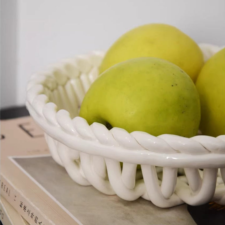 Artisan White Ceramic Basket with Handle 5