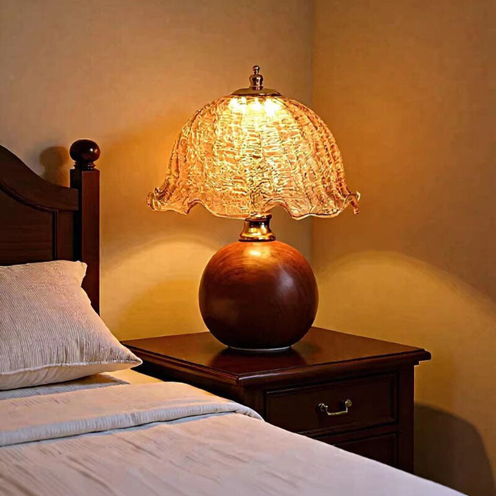 Gold Crackle Glass Flower Table Lamp on Bedroom Nightstand