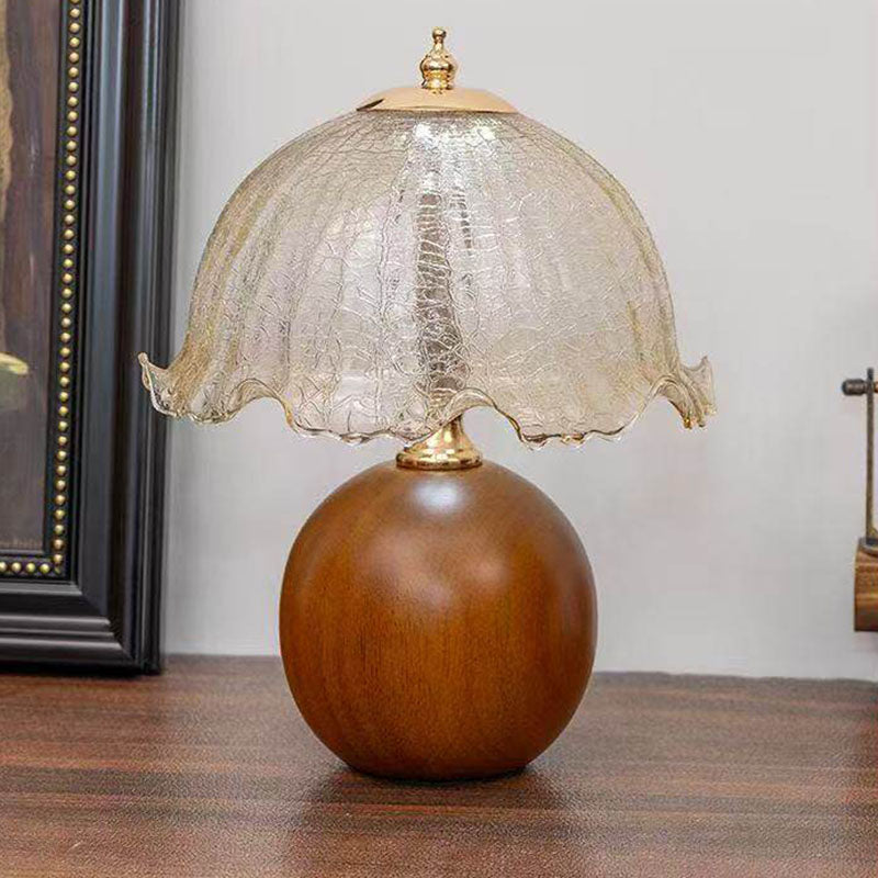 Gold Crackle Glass Flower Table Lamp on Wood Console Table